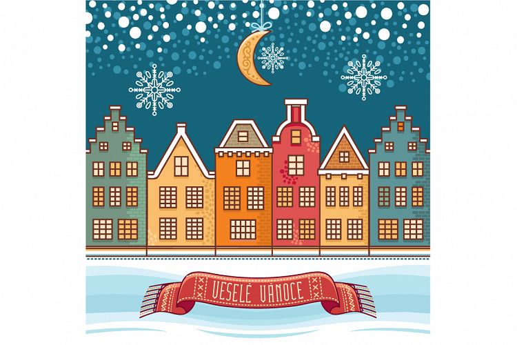 Vesele Vanoce. Czechia. Christmas greeting card. The Church, houses and a text inscription.