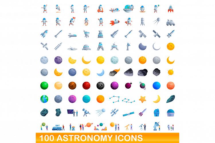 100 astronomy icons set, cartoon style example image 1