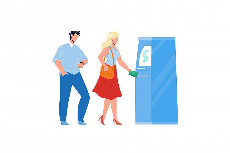 Atm Bank Machine Using Woman For Get Cash Vector example image 1
