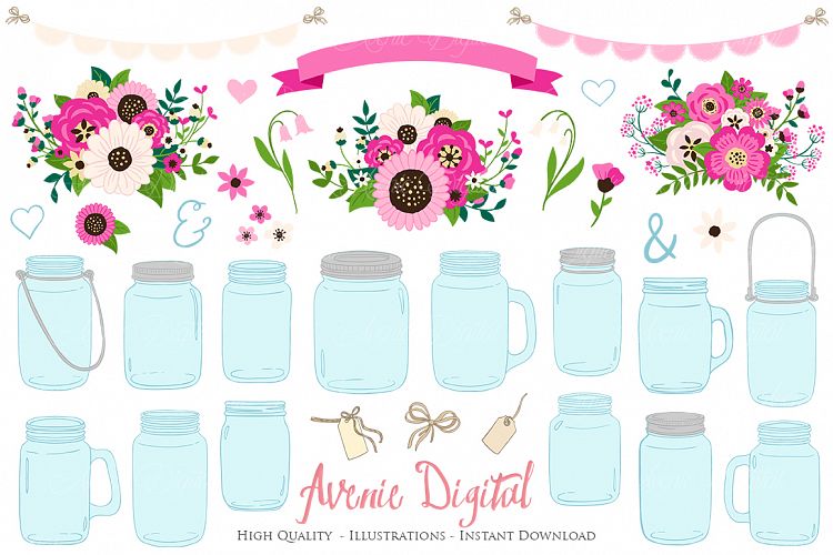 Hot Pink Mason Jar Floral Wedding Clipart