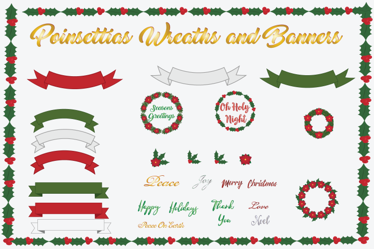 Poinsettias and Holly Elements 