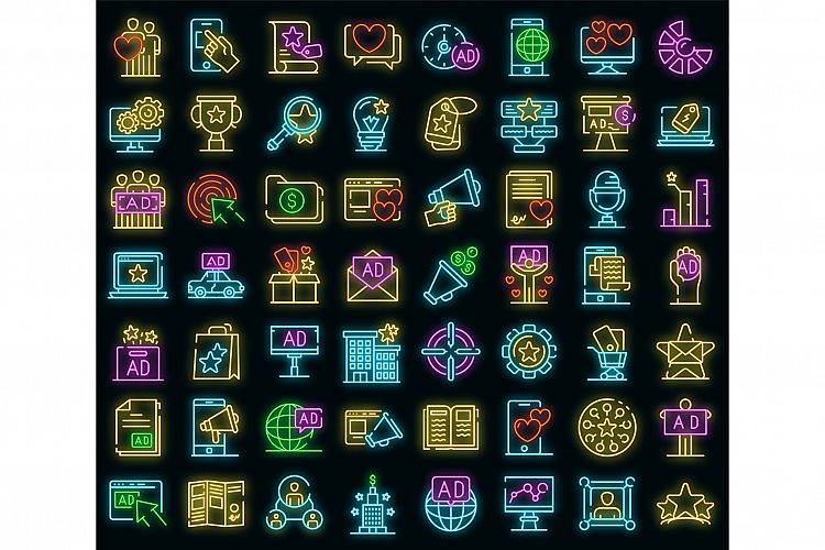 Advertising agency icons set vector neon example image 1