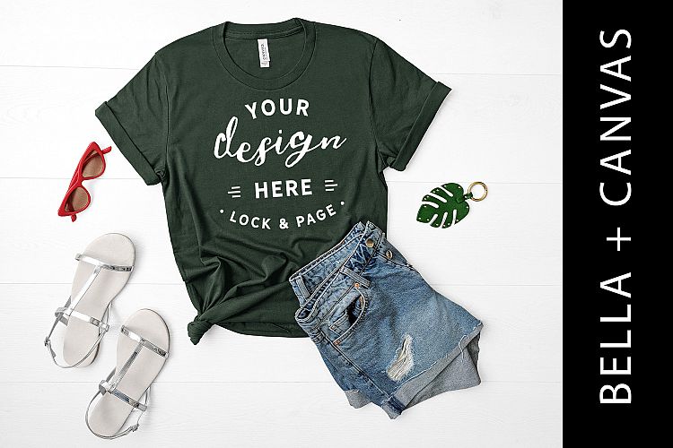 Forest Green Bella Canvas 3001 T Shirt Mockup Flat Lay