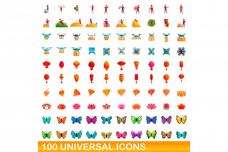 100 universal icons set, cartoon style example image 1