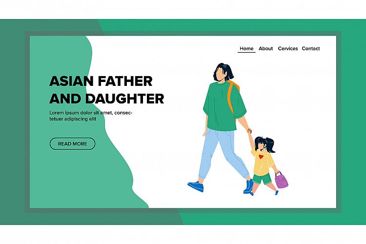 Asian Father And Daughter Walking Together Vector example image 1