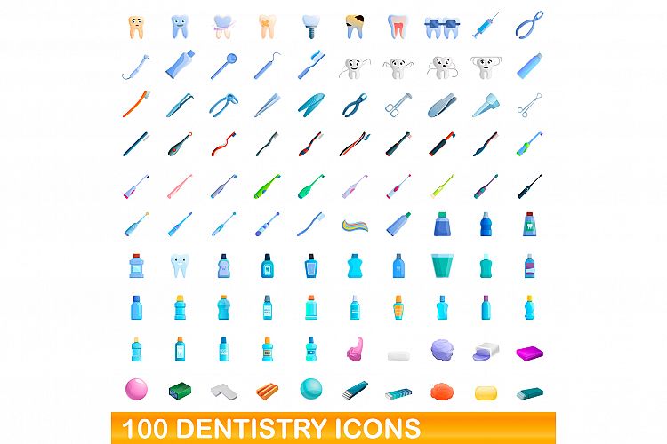 100 dentistry icons set, cartoon style example image 1