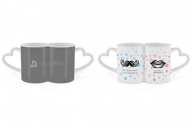 Full Heart Shape Handle Couple Coffee Mugs Design Mockup