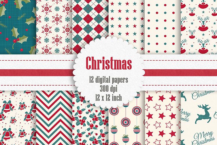 12 Christmas Digital Papers in Red, Green and Cream Color