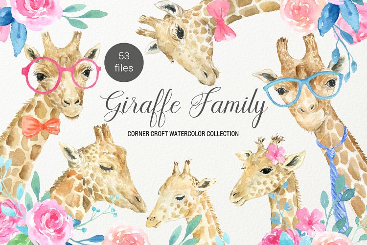 Watercolor giraffe portrait, giraffe family clipart