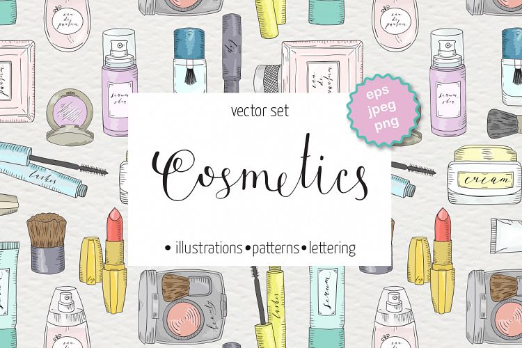 Hand drawn vector cosmetics set. Makeup.