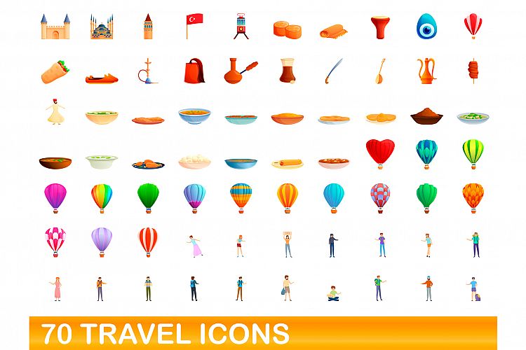 70 travel icons set, cartoon style example image 1