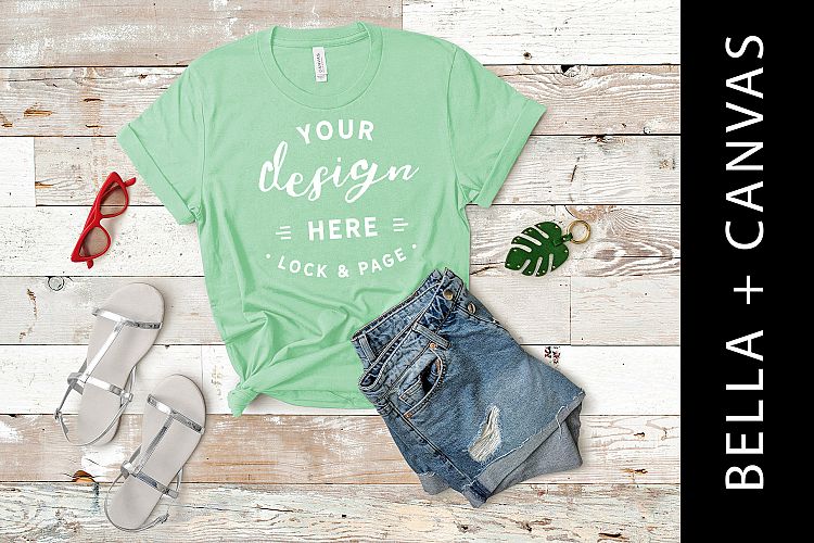 Mint Bella Canvas 3001 T Shirt Mockup Fashion Flat Lay