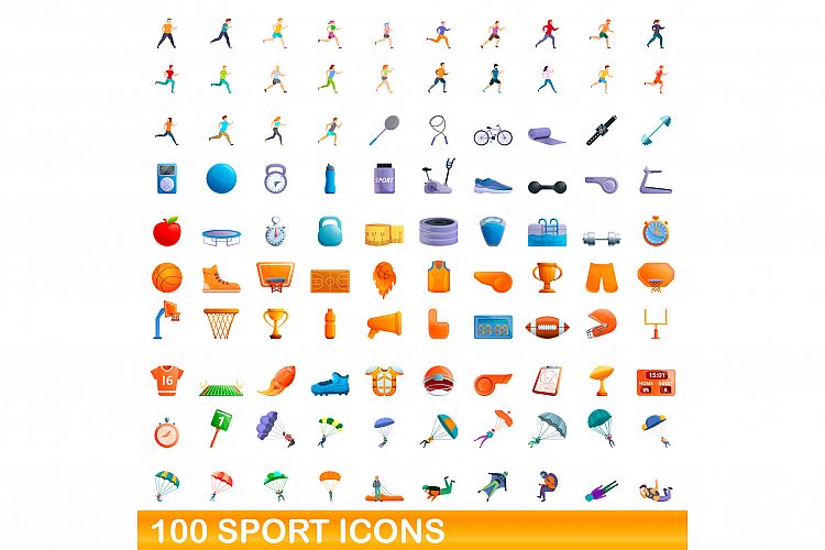 100 sport icons set, cartoon style example image 1