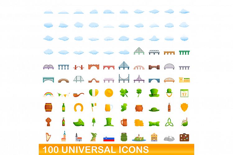 100 universal icons set, cartoon style example image 1