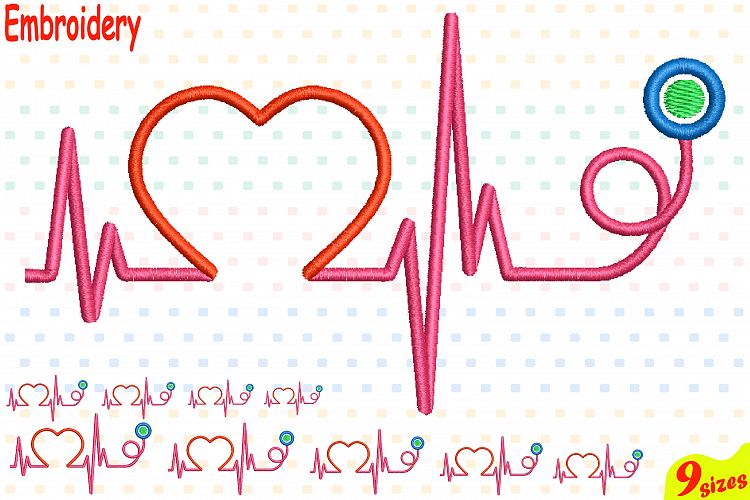 Heart Pulse Line Embroidery Design Machine Instant Download Commercial Use digital file icon symbol sign Nursing Nurse Stethoscope 157b