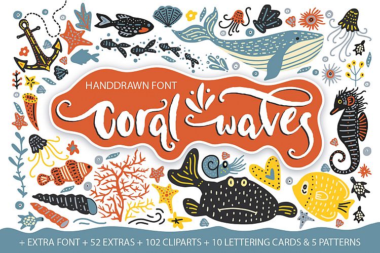 Coral waves. Font and clip arts.