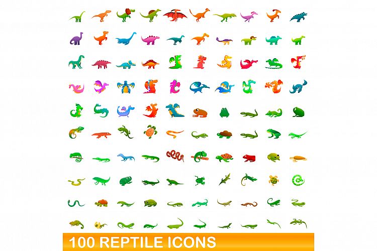 100 reptile icons set, cartoon style example image 1