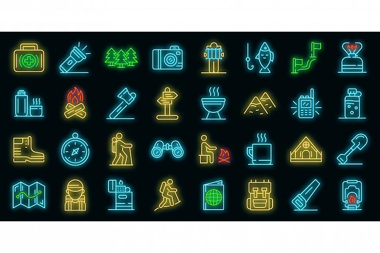 Hiking icons set vector neon example image 1