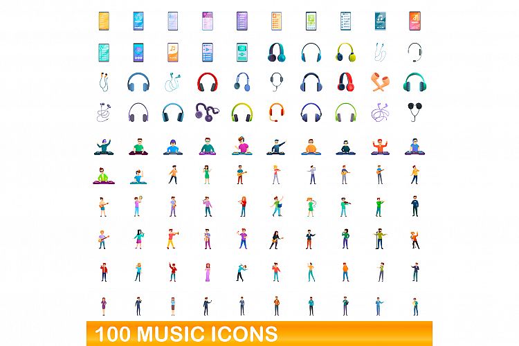 100 music icons set, cartoon style example image 1