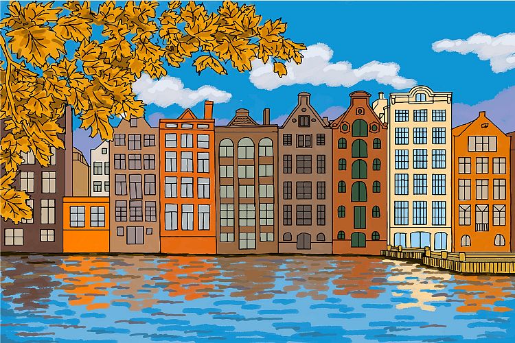 Autumn Amsterdam illustration hand painted vector