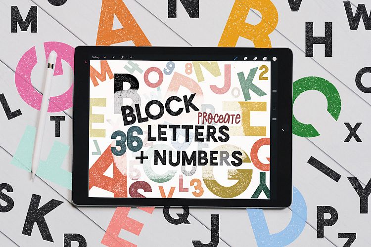 Textured Block letters & numbers Stamp Brushes for Procreate