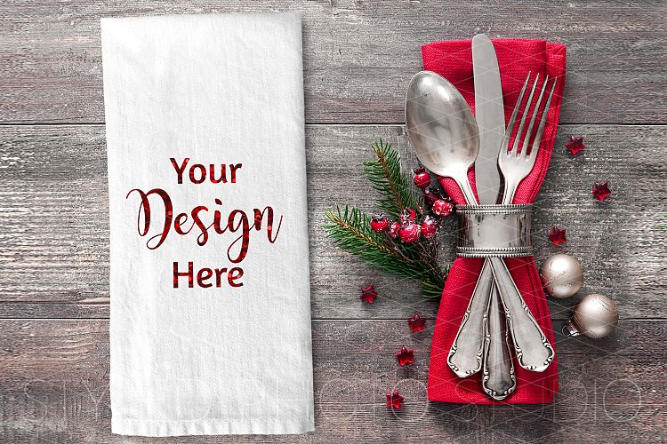 Christmas Kitchen Towel Flat Lay Mockup