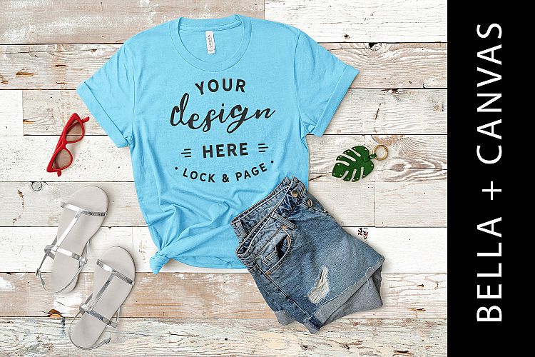 Aqua T Shirt Mockup Bella Canvas 3001 Tshirt Flat Lay