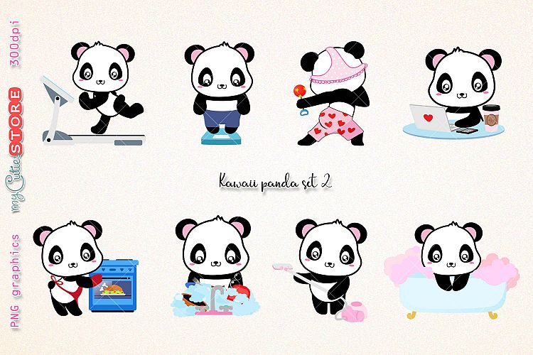 Kawaii panda clipart, PNG graphics collection, treadmill, weight scale, cooking, wash dishes clip art great for planner stickers or digital planning.