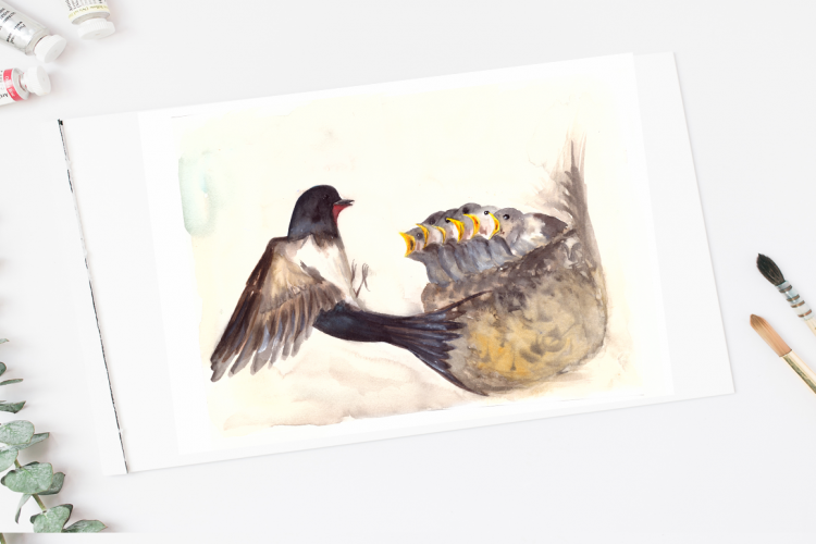 Watercolor Mother & Baby - Swallows - Clip Art & Print