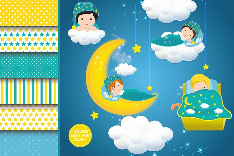 Sleepover boy illustration, Sleepover boy digital papers