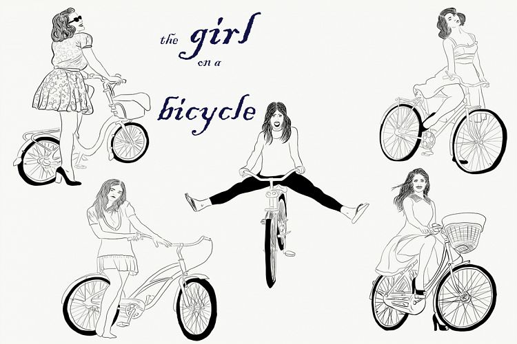 Girls on a bicycles. Hand drawn. Vector