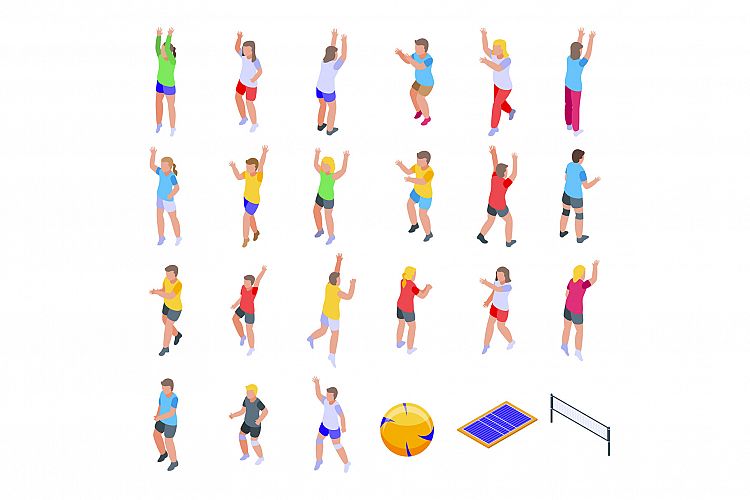 Kids playing volleyball icons set, isometric style example image 1