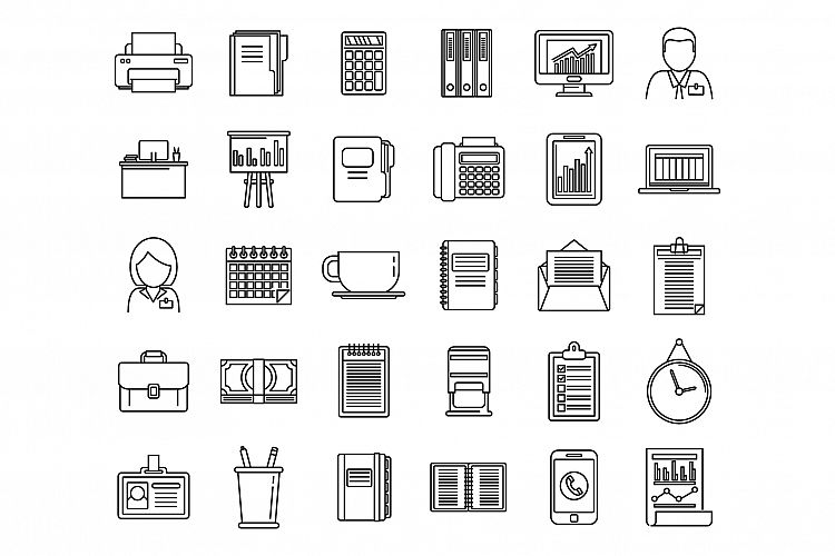 Office manager plan icons set, outline style