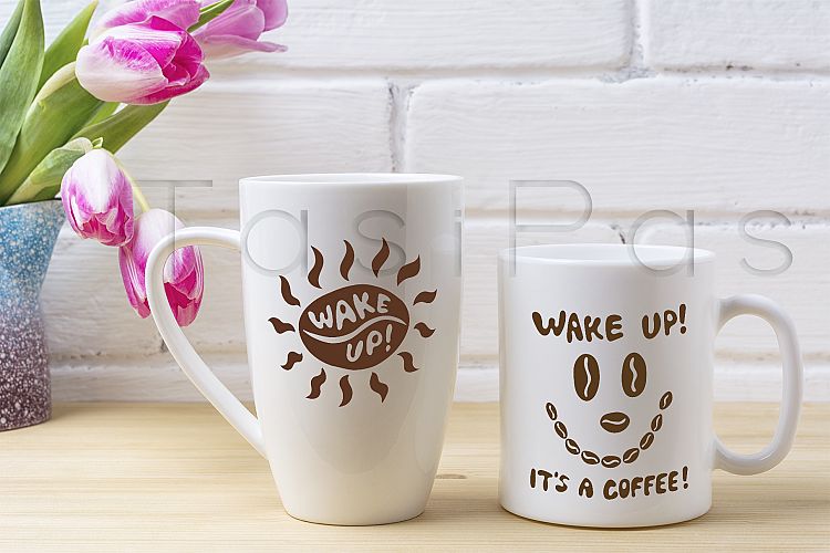 White coffee and cappuccino mug mockup with magenta tulip