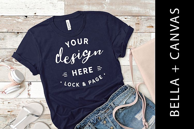 Bella Canvas 3001 Navy T Shirt Mockup Wood Floor Background