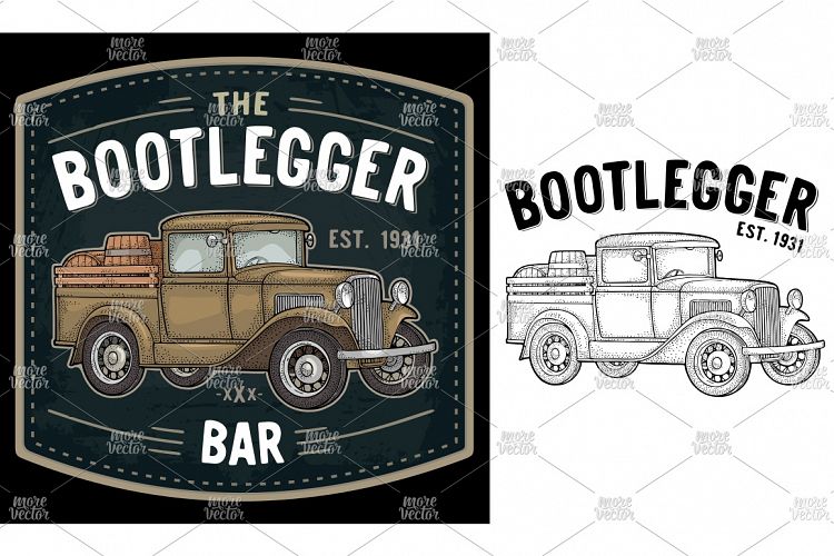 Retro pickup truck Bootlegger bar lettering Color engraving