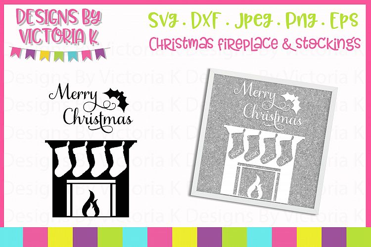 Download Christmas Fireplace, 4 Stockings SVG Cut File