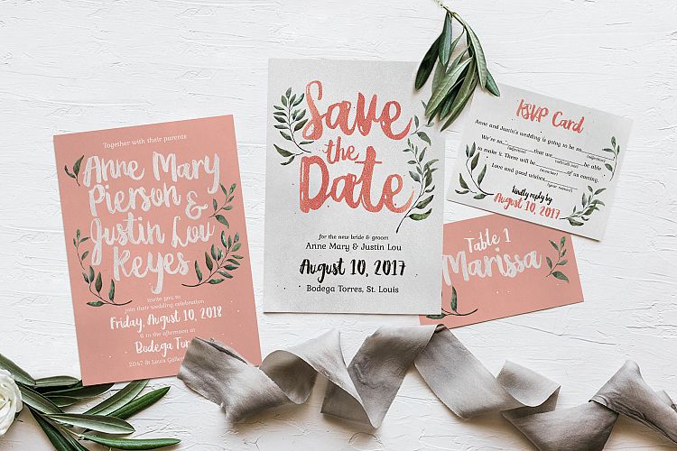 Rustic Pink & Green Wedding Invitation Suite