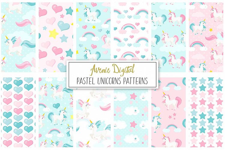  Pastel Unicorns Digital Paper and Vector Patterns