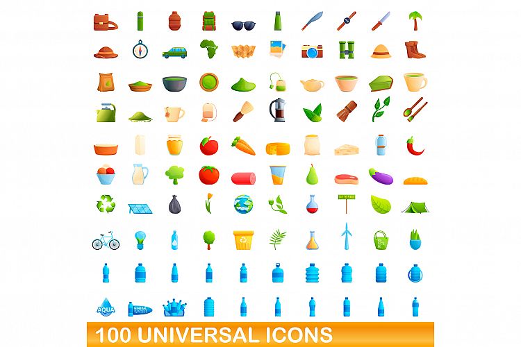 100 universal icons set, cartoon style example image 1