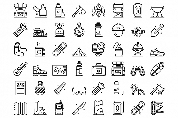 Equipment for hike icons set, outline style
