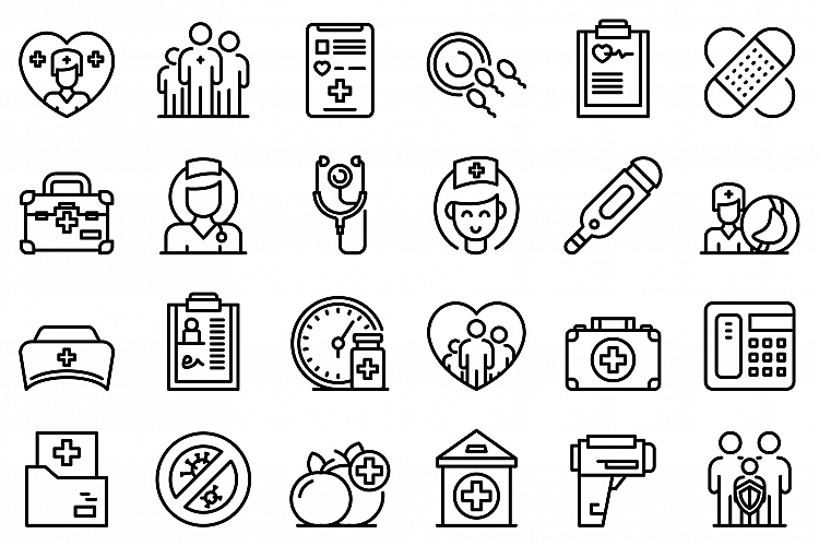 Family doctor icons set, outline style