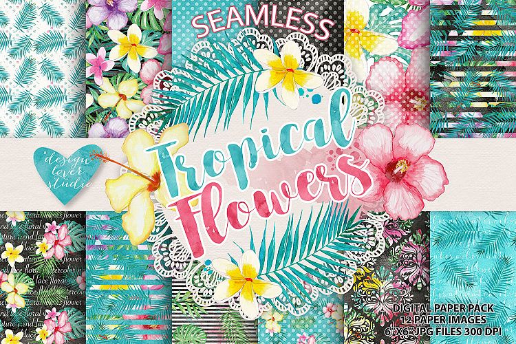 Watercolor Tropical flowers digital paper