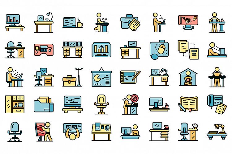 Ergonomic workplace icons set vector flat example image 1