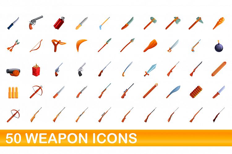 50 weapon icons set, cartoon style example image 1