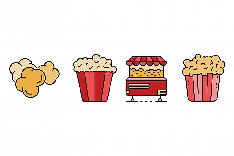 Popcorn icons set line color vector