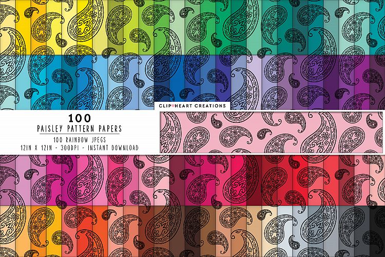 100 Black Paisley Pattern Digital Papers - rainbow color