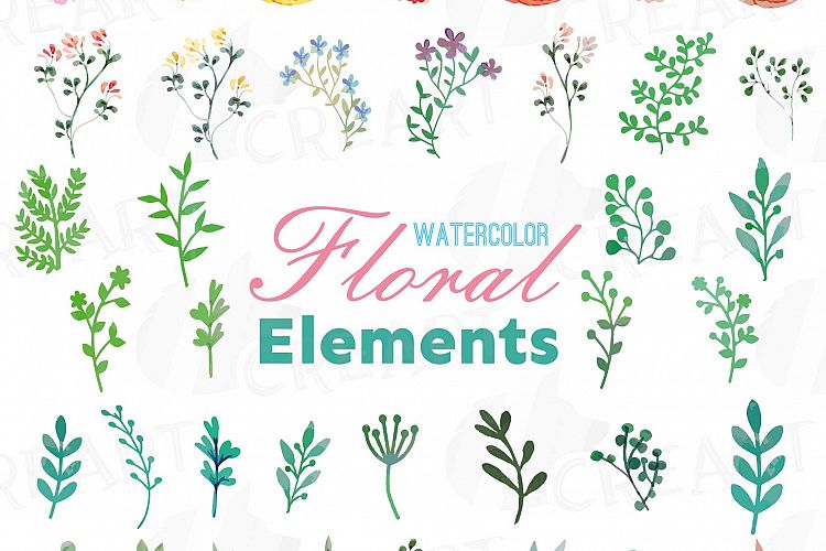 Floral elements watercolor clip art pack, 39 Individual floral elements, flowers and leafs collection, greenery, diy invitation, vectors