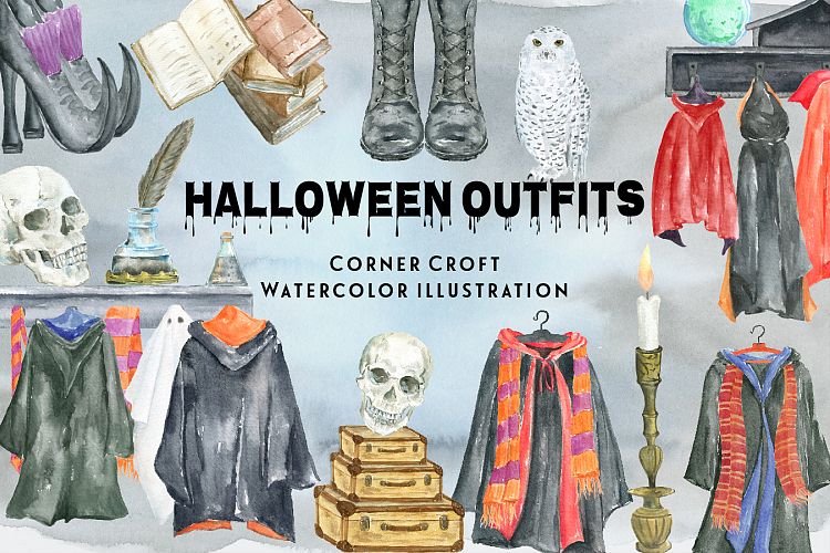 Watercolor Halloween Outfit Clipart