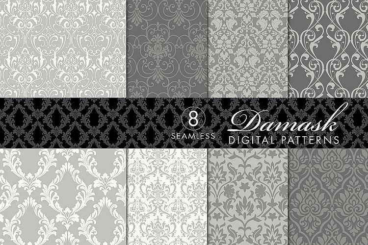 8 Seamless Damask Patterns - Light & Dark Gray
